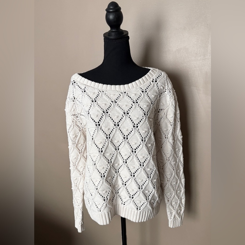 TOMMY HILFIGER ivory crochet open knit sweater sz XL cottagecore chunky Pom Pom - Picture 6 of 16